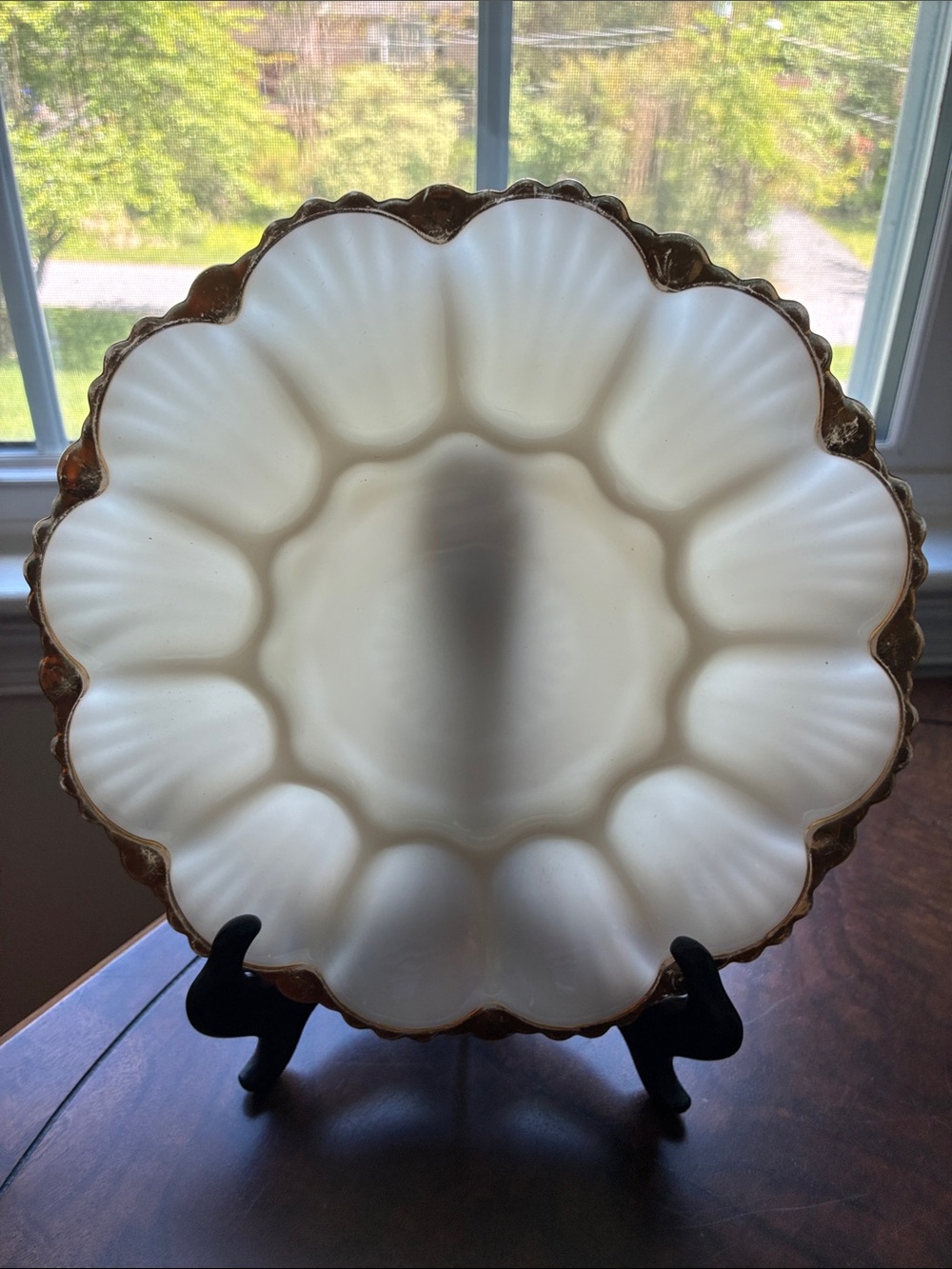 VTG Anchor Hocking 10” Deviled Egg Plate Milk Glass White Scalloped w/Gold 1950s